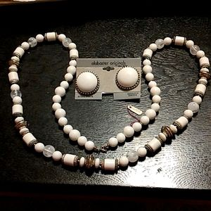 White lucite necklace with matching post earrings touches of silvery metal.